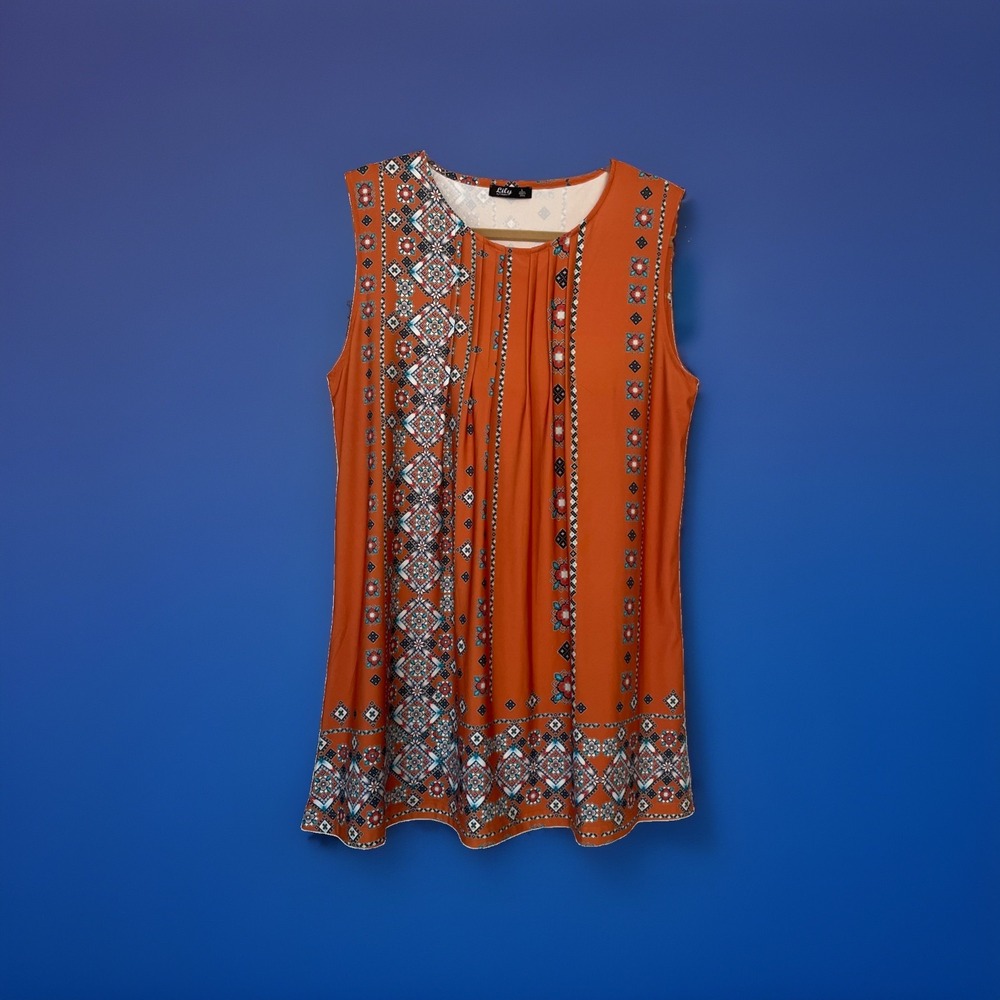 Lily Women's Large Orange Multi Sleeveless Tunic Top Blouse Lightweight
